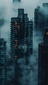 Aerial view of modern cityscape shrouded in fog with skyscrapers illuminated by warm lights photo