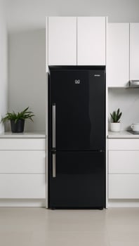 Contemporary kitchen scene boasts an elegant black fridge among sleek white cabinets photo