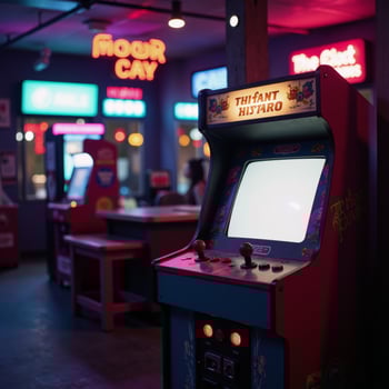 Vibrant photo captures retro arcade machine amidst glowing neon lights within a dark arcade