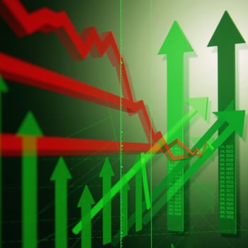 Abstract backdrop showcases a failing stock exchange with red and green toned charts indicating losses photo