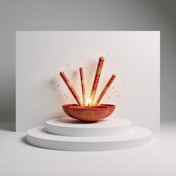 A minimalistic 3D render showcases Diwali festivities on a product display podium against a white backdrop featuring vibrant fireworks photo