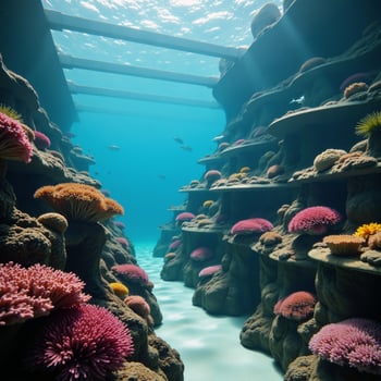 Sustainable underwater city inhabited by marine life photo