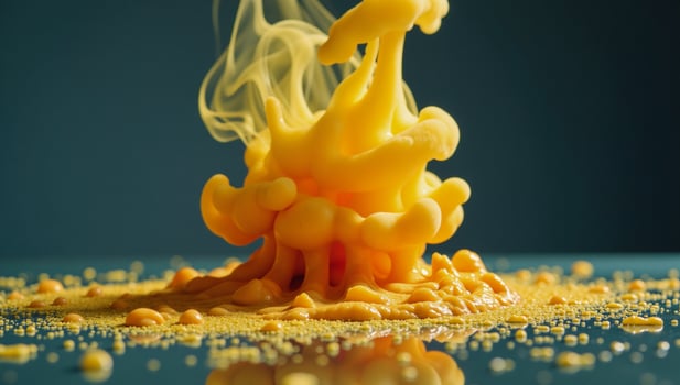 Abstract art with defocused smoke waves and paint droplets depicting yelloworange colored fumes splashing over a shimmery glitter texture background photo