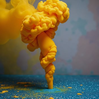Abstract art with defocused smoke waves and paint droplets depicting yelloworange colored fumes splashing over a shimmery glitter texture background photo
