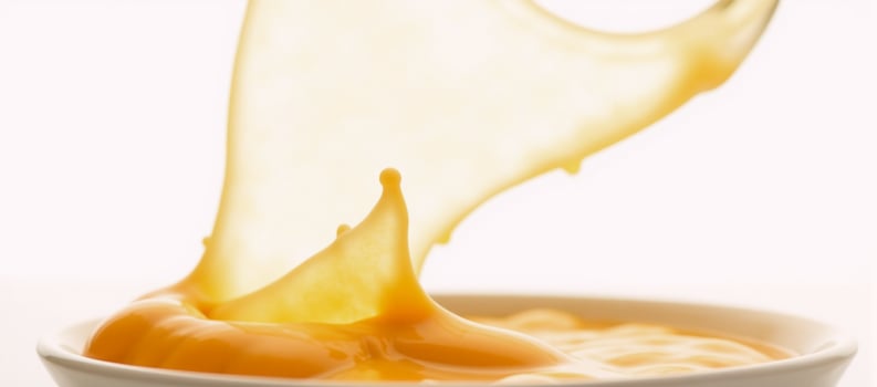 Cheddar cheesesplashed cheese sauce midair photo
