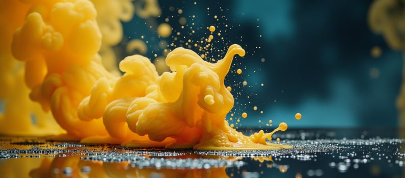 Abstract art with defocused smoke waves and paint droplets depicting yelloworange colored fumes splashing over a shimmery glitter texture background photo