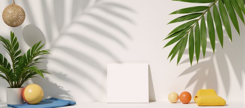 Realistic minimalist mockup showcases natural shadows from tropical coconut palms in a summery setting photo