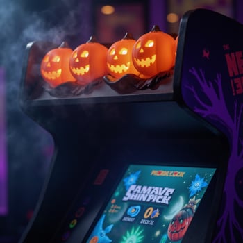 Spooky Halloweenthemed arcade game machine with glowing pumpkins and eerie fog ideal for festive decor photo