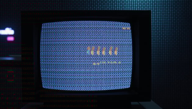 Glitched TV screen showcases pixelated background and distorted error broadcast complete with widespeed rewind effects photo