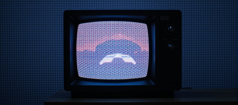 Glitched TV screen showcases pixelated background and distorted error broadcast complete with widespeed rewind effects photo