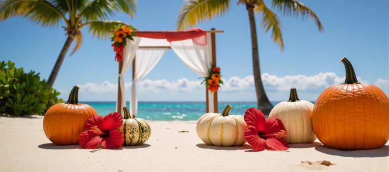 Exotic Halloween beach wedding scene pumpkins and hibiscus flowers with palm trees and turquoise waters photo