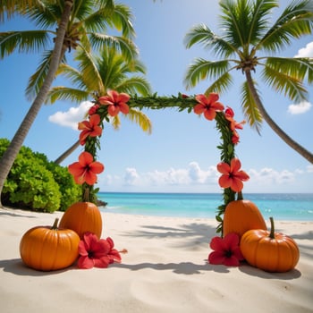 Exotic Halloween beach wedding scene pumpkins and hibiscus flowers with palm trees and turquoise waters photo