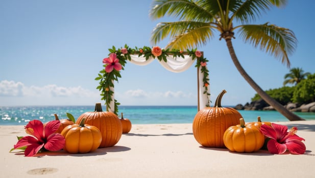 Exotic Halloween beach wedding scene pumpkins and hibiscus flowers with palm trees and turquoise waters photo