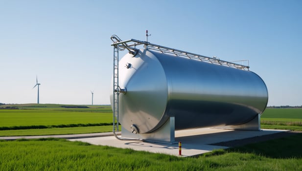 Solarwind power plant with hydrogen energy storage gas tank for ecofriendly electricity generation photo