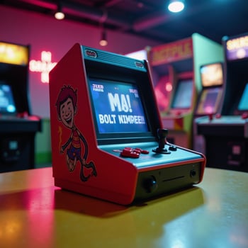 Cartoony depiction of a vibrant retro gaming console with exaggerated elements amidst arcade machines and neon lighting photo
