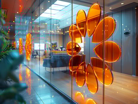A glass logo displayed on a corporate office window. photo