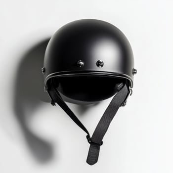 striking roller derby helmet features a matte finish and soft interior padding displayed against a clean white backdrop. The chin strap hangs down enhancing its minimalist appeal. photo