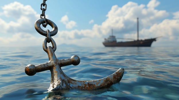 Iron anchor of marine ship in ocean water protection equipment sailing photo