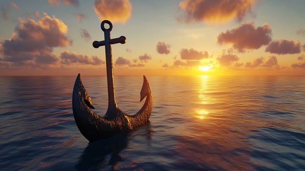 Iron anchor of marine ship in ocean water protection equipment with sunset sky photo
