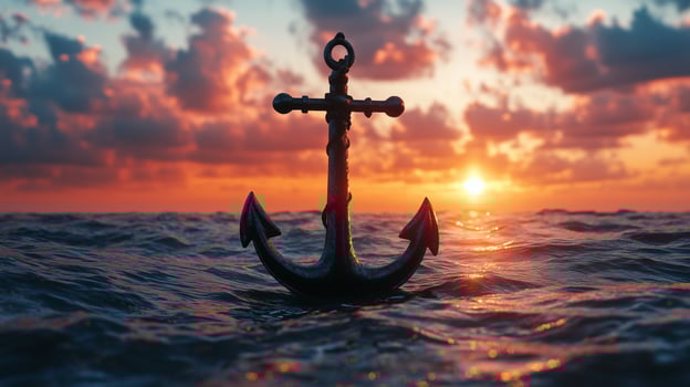 Iron anchor of marine ship in ocean water protection equipment with sunset sky photo