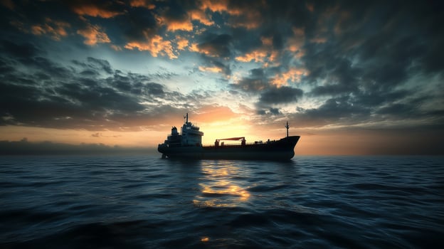 Silhouette ship in ocean with sunset sky, cloud and horizon line photo