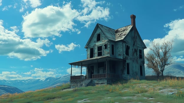 Spooky mansion day sky mansion in hill with blue sky photo