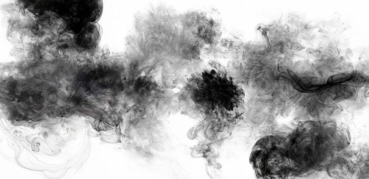 Abstract black smoke or ink cloud forming swirling shapes against a clean white background, perfect for artistic designs or backgrounds. photo