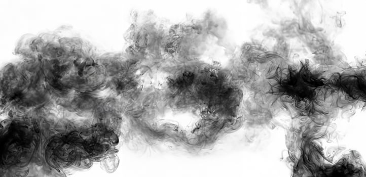 Abstract black smoke or ink cloud forming swirling shapes against a clean white background, perfect for artistic designs or backgrounds. photo