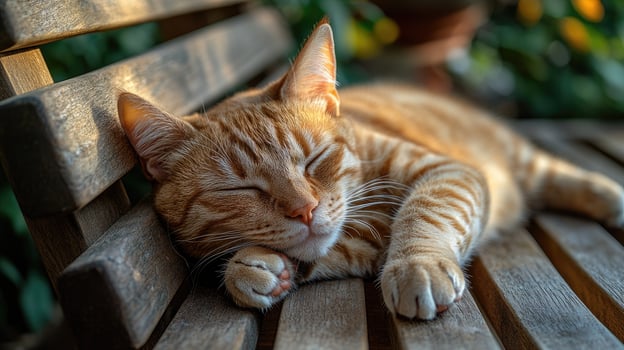 Ginger tabby cat sleeping peacefully on a wooden bench photo