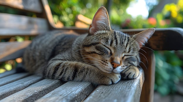 Ginger tabby cat sleeping peacefully on a wooden bench photo