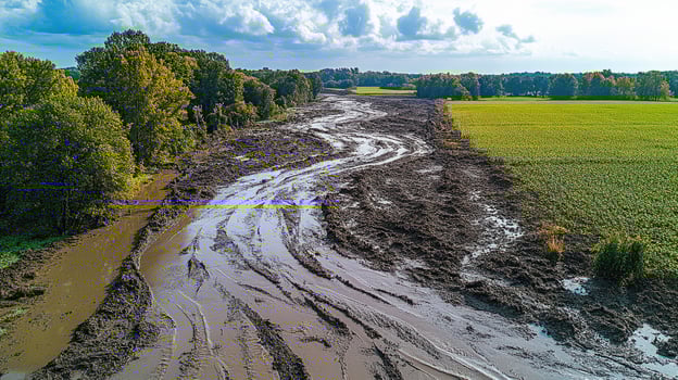Muddy water rushing through farmland after heavy rain photo