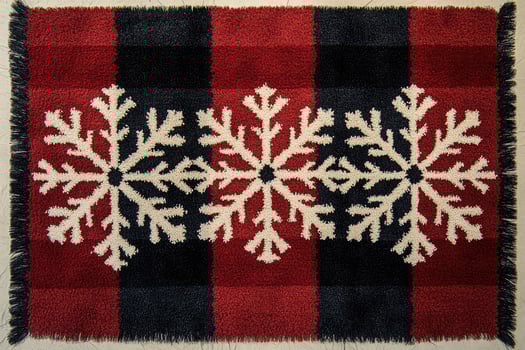 Red and black buffalo plaid christmas doormat with snowflakes design lying on wooden floor photo