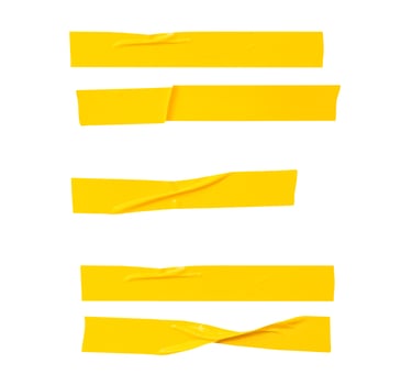 Top view set of wrinkled or crumpled yellow adhesive vinyl tape or cloth tape in stripes shape isolated on white background with clipping path photo