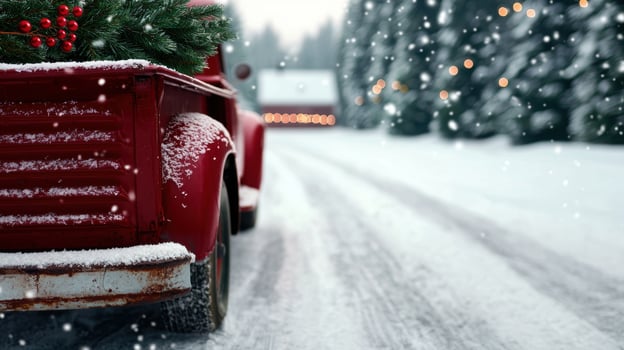 Snowy winter scene with a vintage red truck. . photo