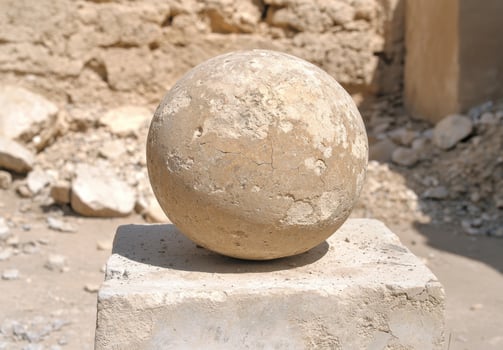 An ancient ball sits on a block in front of a building photo