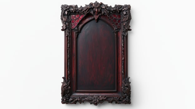 A gothic style wooden plaque with a red background photo