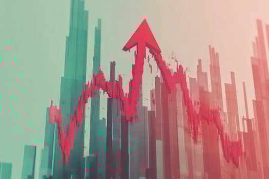 A red arrow crashes through a green and blue graph, symbolizing a major market downturn and creating a striking visual contrast. photo