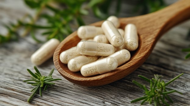 Herbal capsules in wooden spoon Natural herbs Alternative Medicine photo