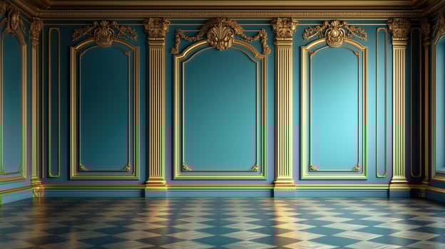 Luxury room interior with golden molding decor and blue wall in vintage style photo