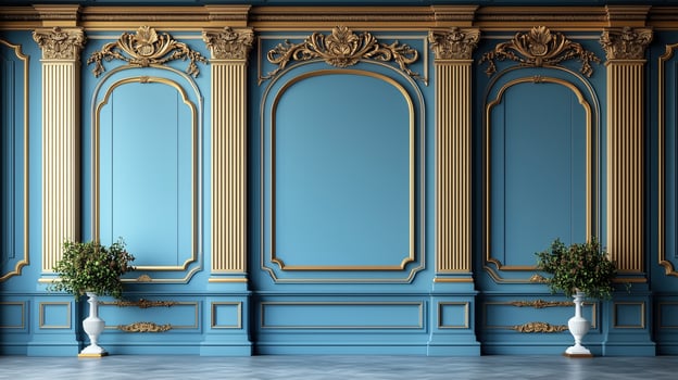 Luxury room interior with golden molding decor and blue wall in vintage style photo