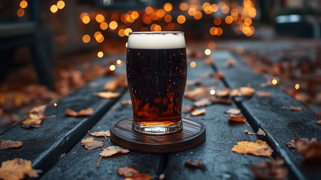 Pint of dark beer on wooden coaster, warm fairy lights photo