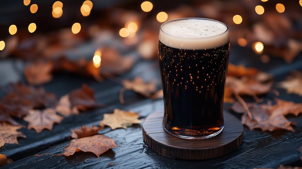 Pint of dark beer on wooden coaster, warm fairy lights photo