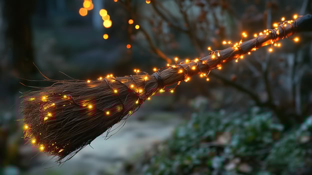 Simple witch's broom wrapped with warm orange fairy lights photo