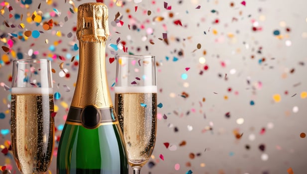 Champagne bottle and glasses with confetti. Celebration, festive and party concept. photo