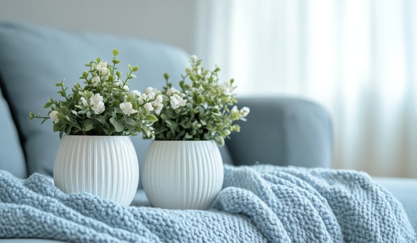Cozy blue sofa with soft pillows and decorative plants in a bright and minimalist living space photo