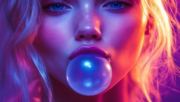 Girl blowing bubble gum under colorful lights. A young woman with wavy hair blows a large bubble gum, illuminated by vibrant purple and pink lights creating a striking effect. photo