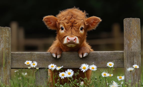 Calf in a spring flower meadow. A curious calf leans over a wooden fence, surrounded by blooming daisies in a lush green meadow during spring. photo