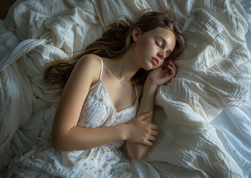 Serene young woman asleep on her bed, viewed from above photo