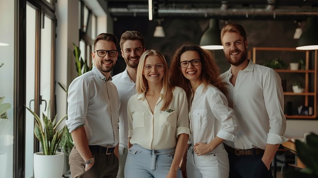 Business team posing in office, successful and happy professionals, modern workspace, photo
