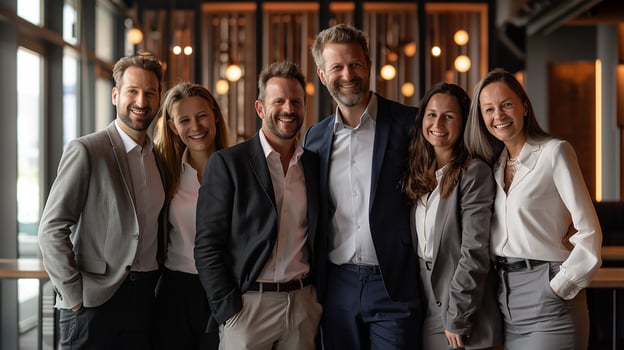 Team of business experts in a contemporary office, successful and proud, professional group photo, photo